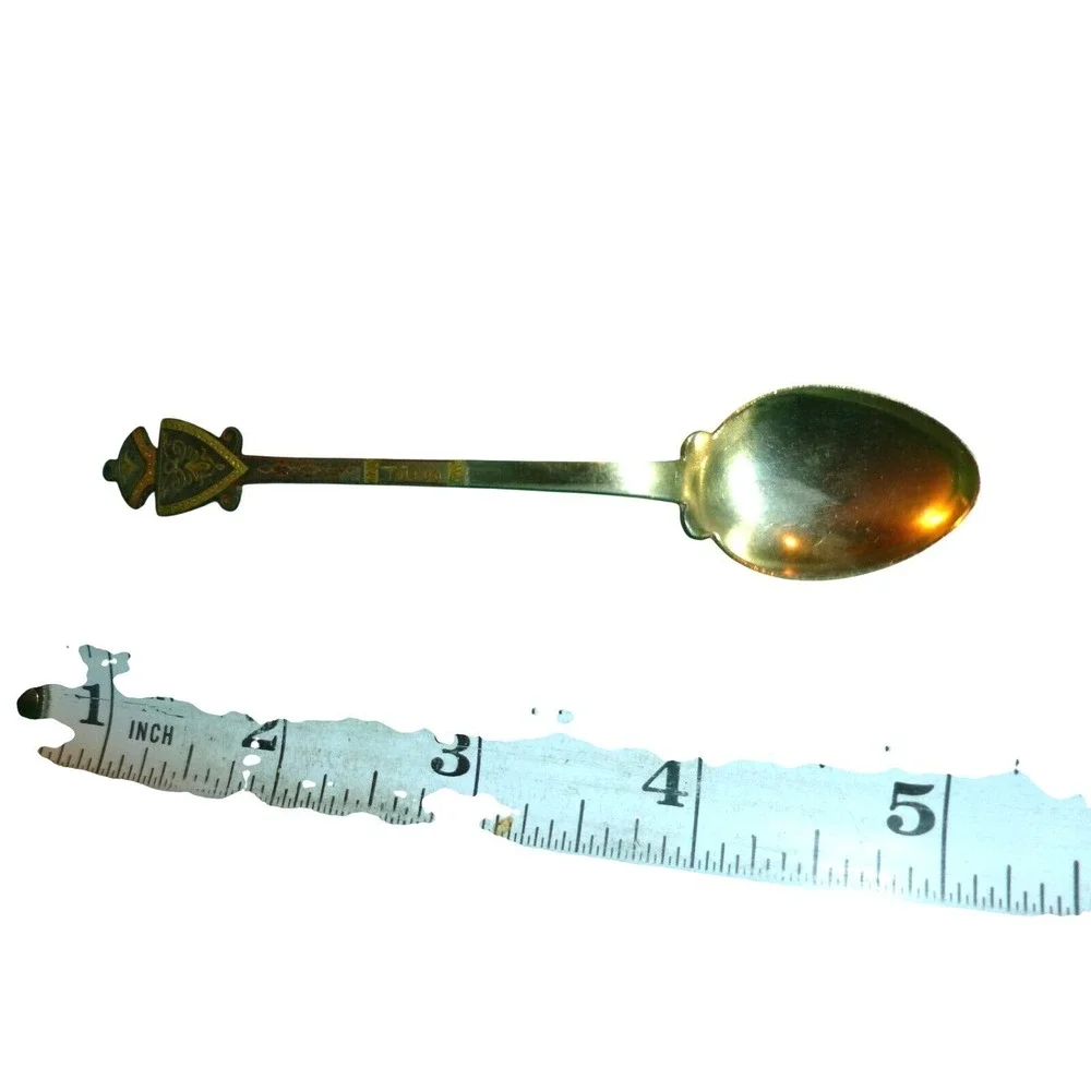 Vintage Toledo Spain Damascene Souvenir Spoon Shield Finial Gold Tone 4.5 Inch
